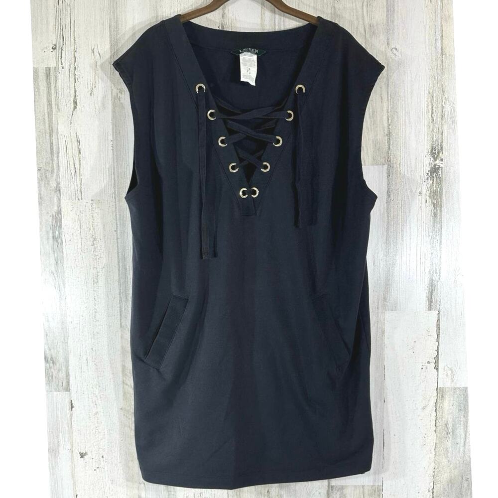 LRL Lauren Ralph Lauren Black Lace Up Shirt Size Medium Sleeveless Pockets